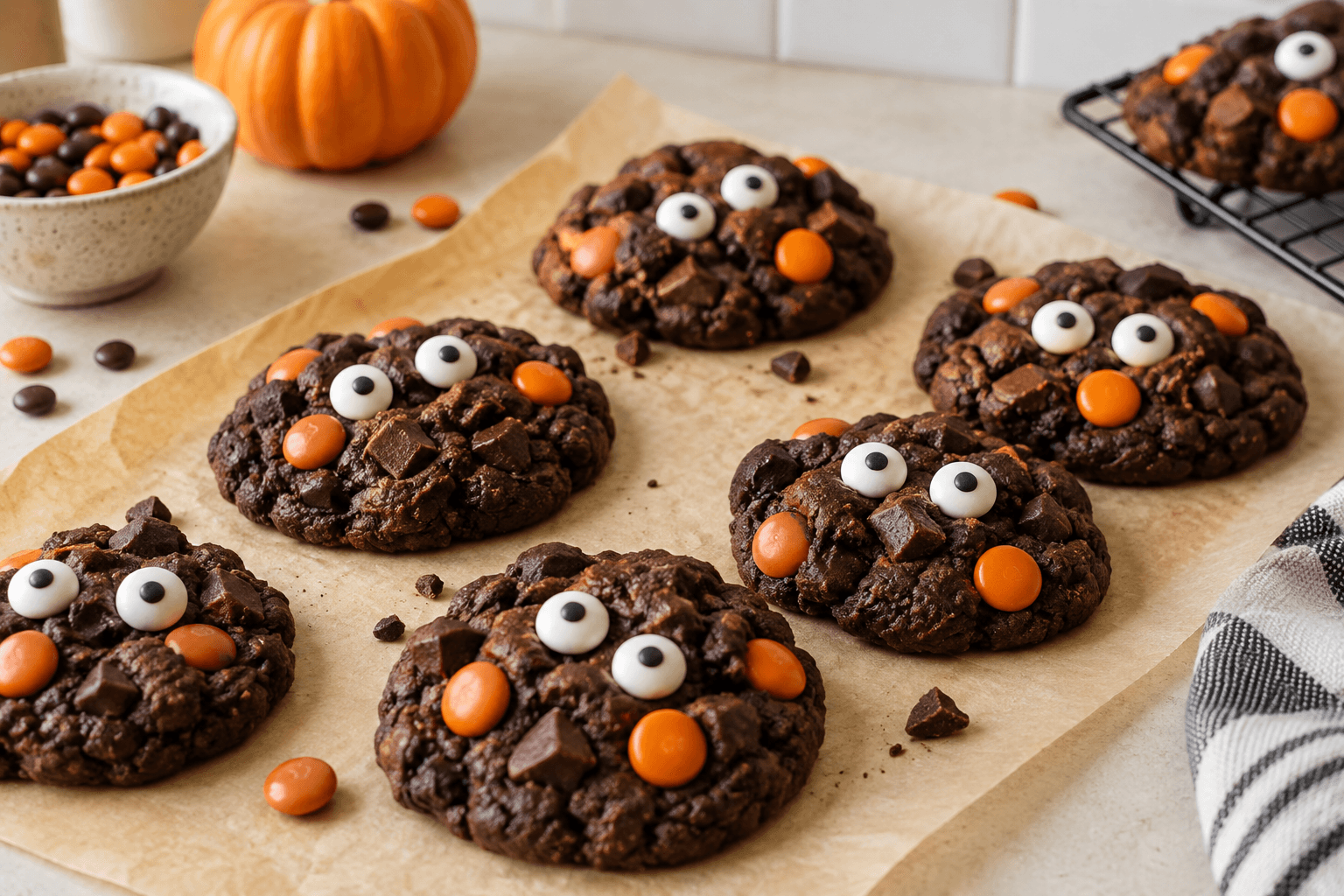 Playful chocolate monster cookies with edible candy eyes