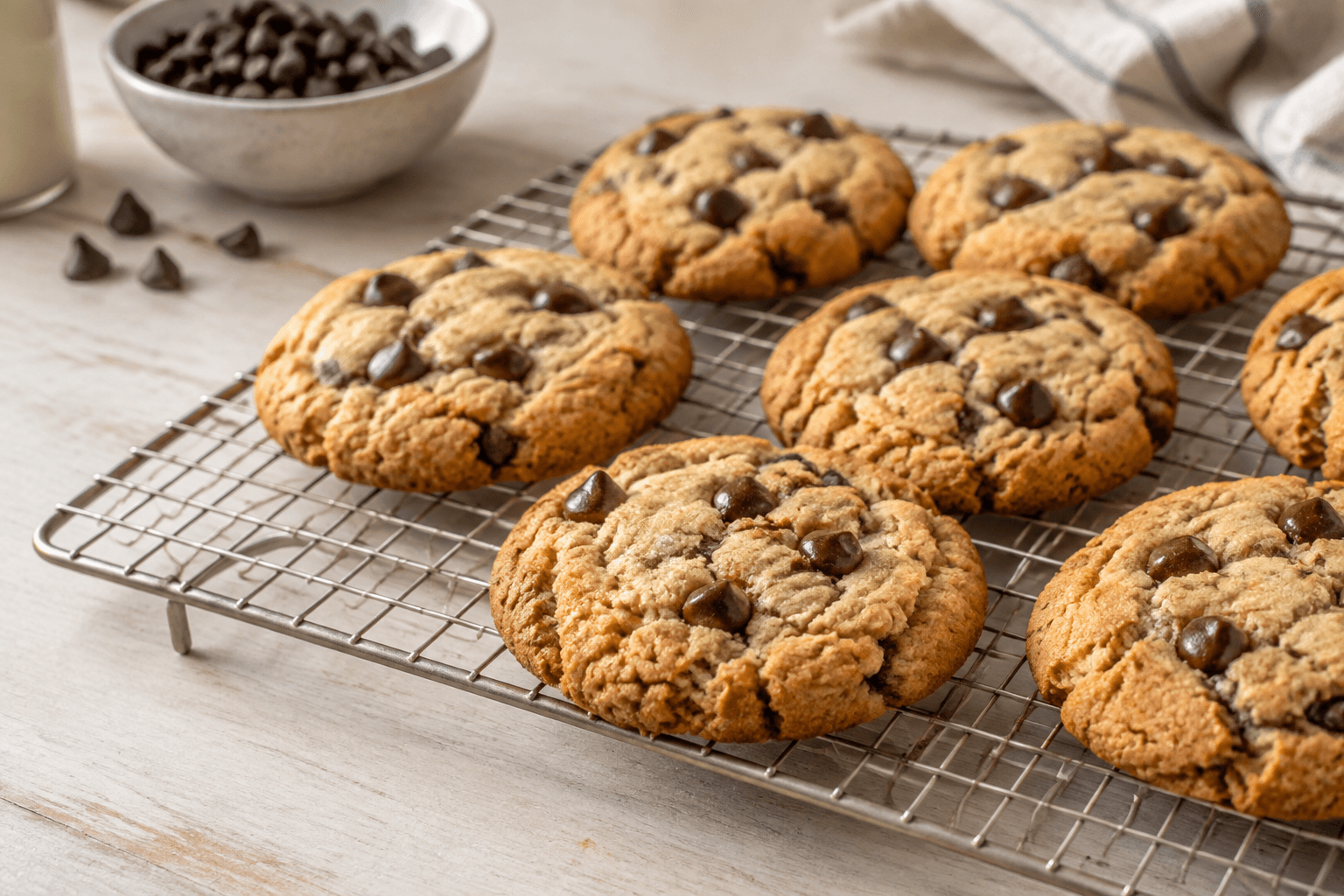 Golden almond flour chocolate chip cookies cooling on a wire rack