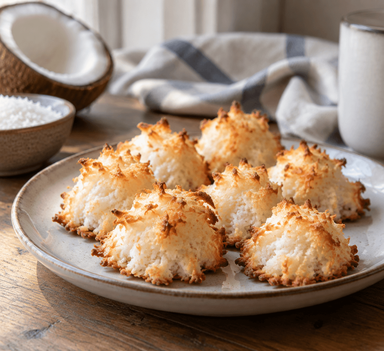 Shredded coconut macaroons with golden toasted tips on a ceramic plate