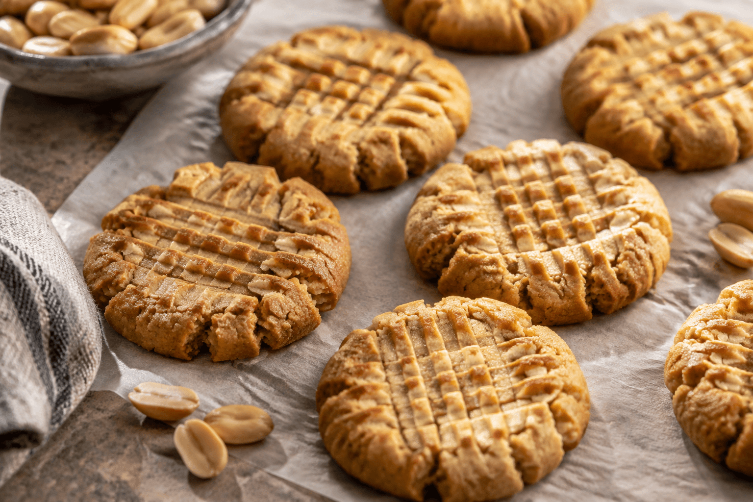 Golden peanut butter cookies with fork crosshatch tops on parchment