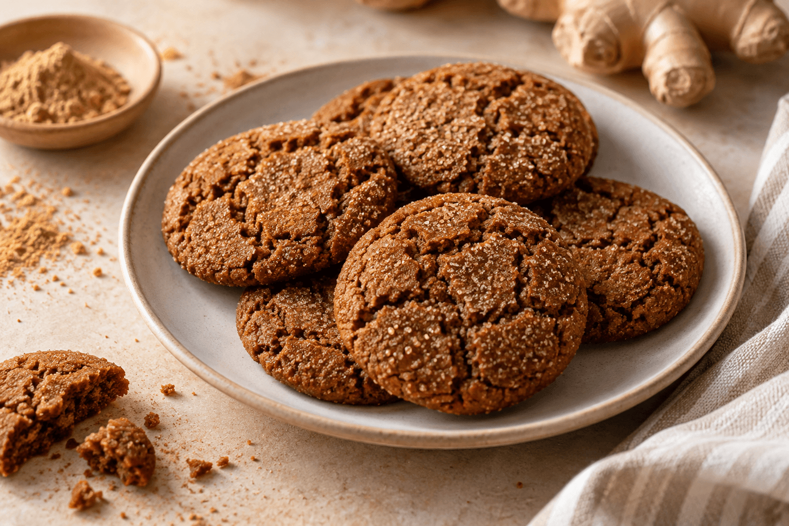 Crackled golden-brown gingersnaps on a pale plate