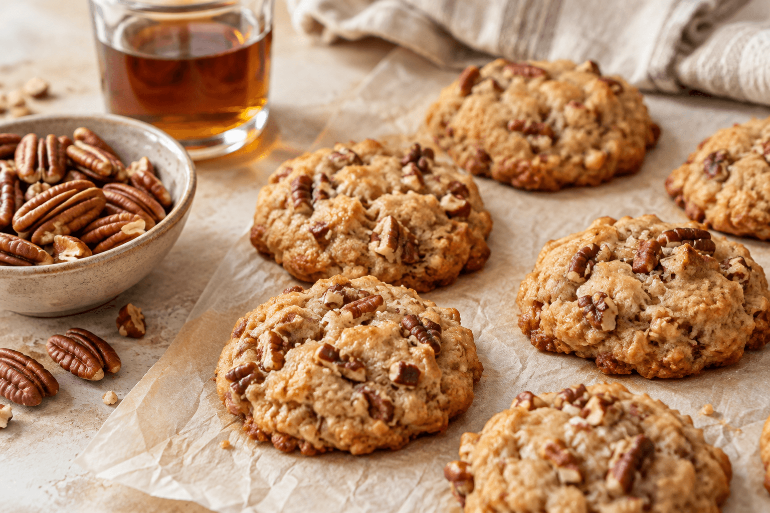 Maple pecan cookies on parchment with pecans nearby