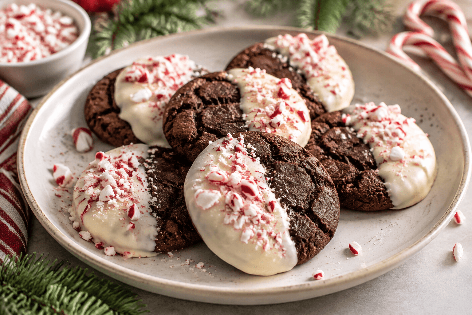 Chocolate cookies half dipped in white chocolate with crushed peppermint