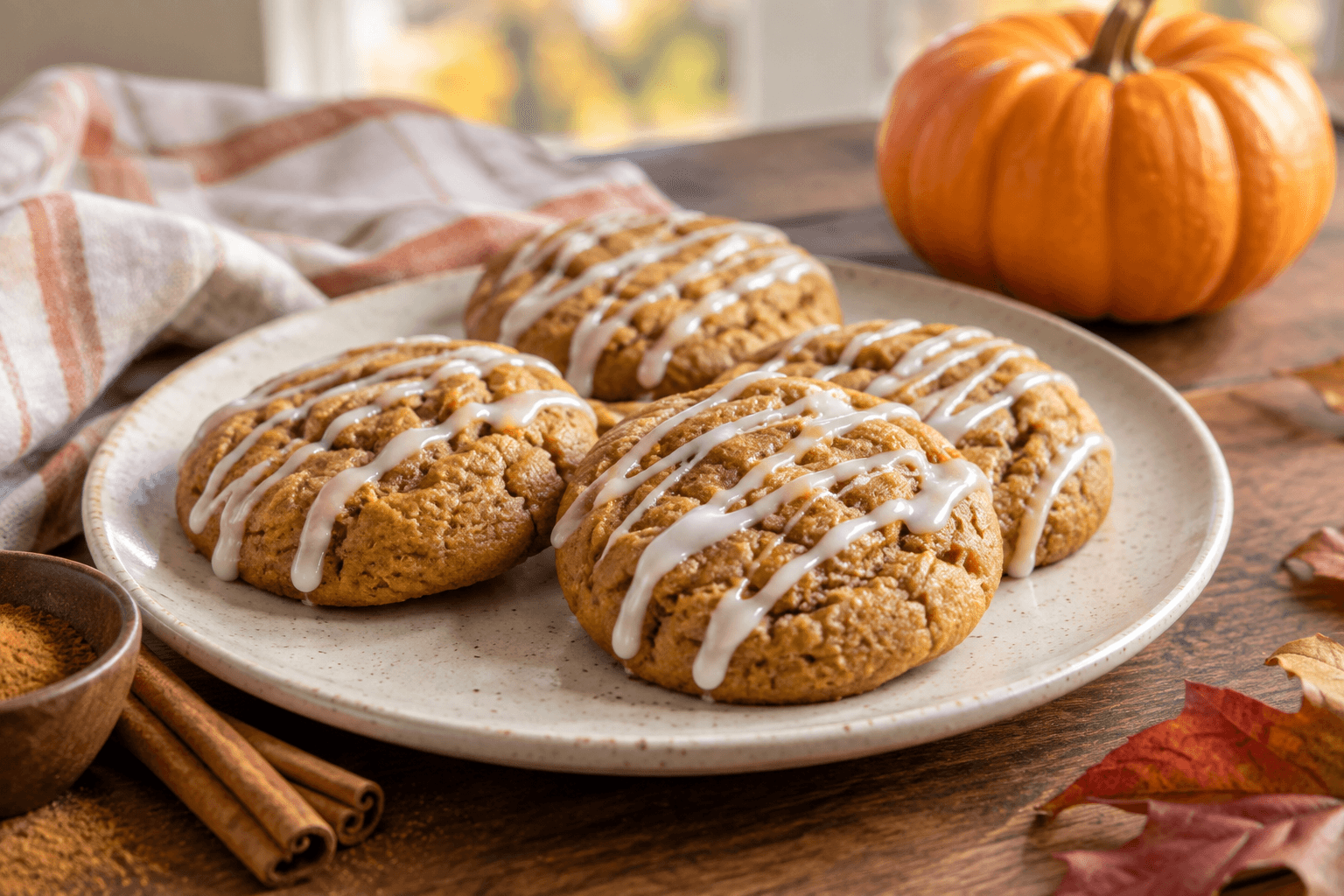 Soft pumpkin cookies with white icing drizzle on a ceramic plate
